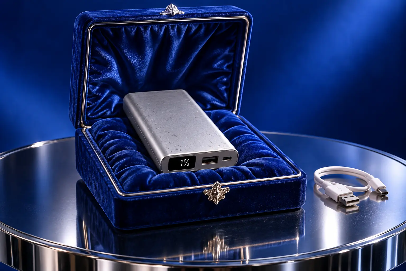 A scuffed USB power bank showing one percent charge sits in an extravagant blue velvet jewellery box.