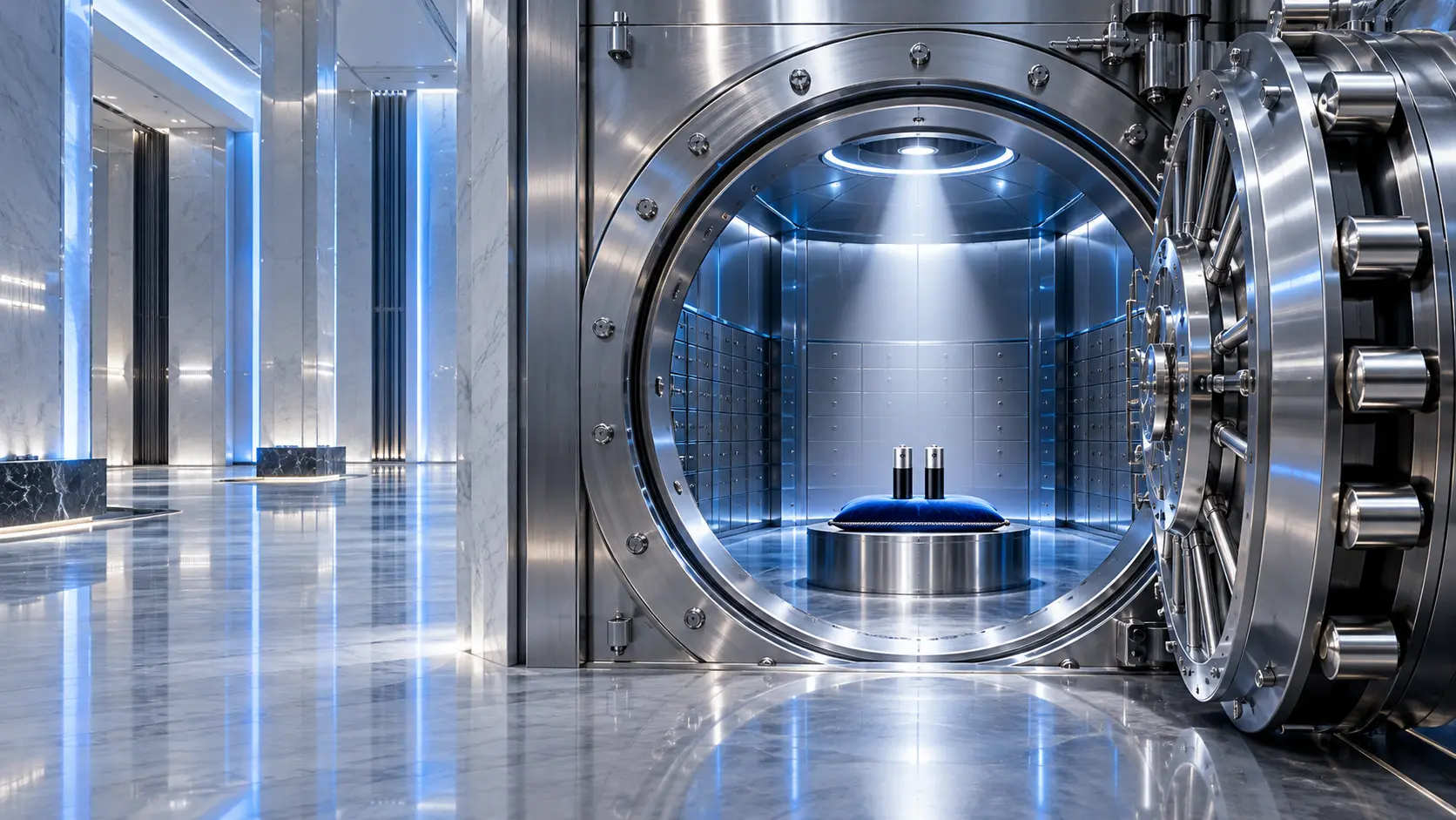 An enormous luxury chrome bank vault guards just two ordinary AA batteries on a blue velvet cushion.